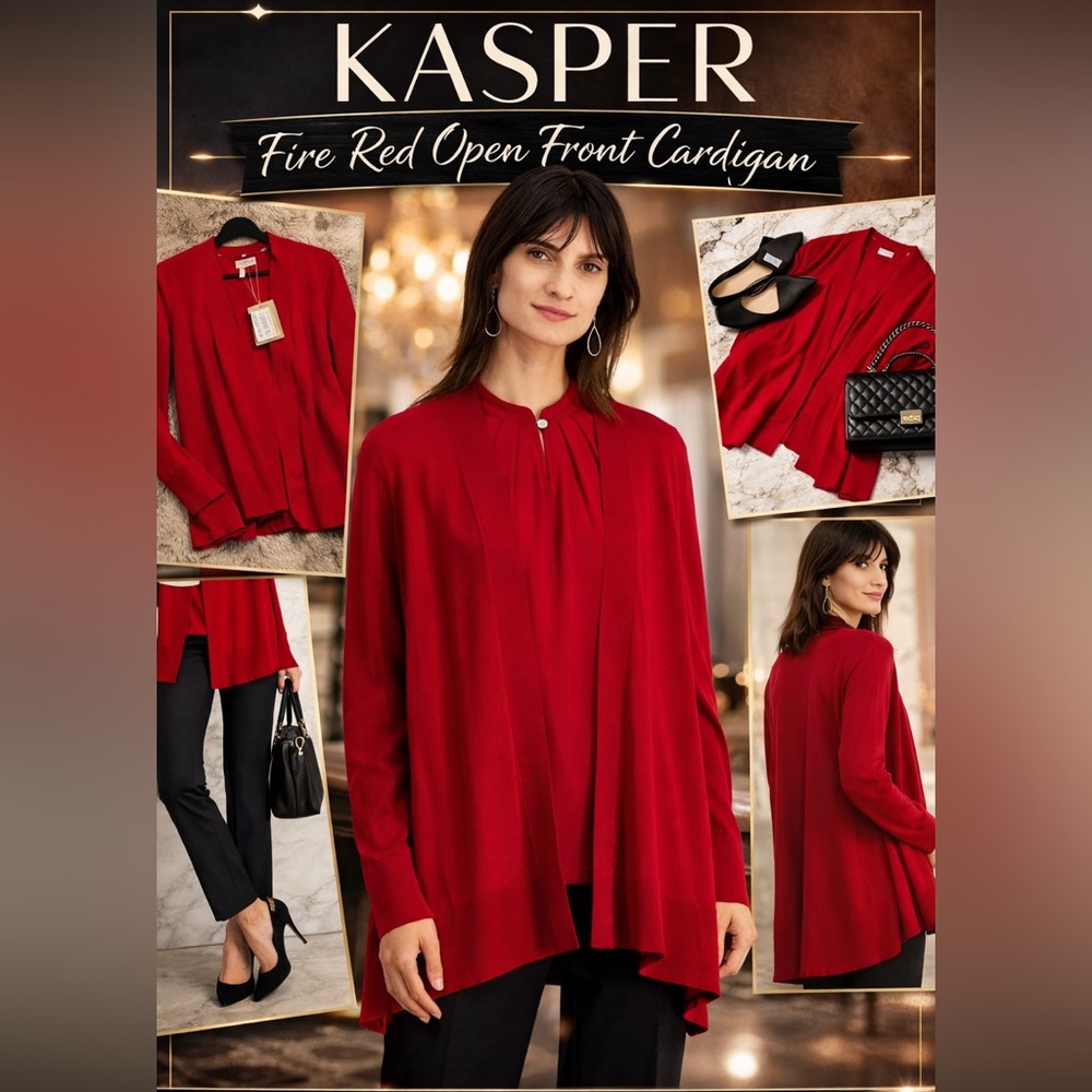 Kasper Fire Red Open-Front Long Cardigan | M | NWT | Elegant Layering Sweater
